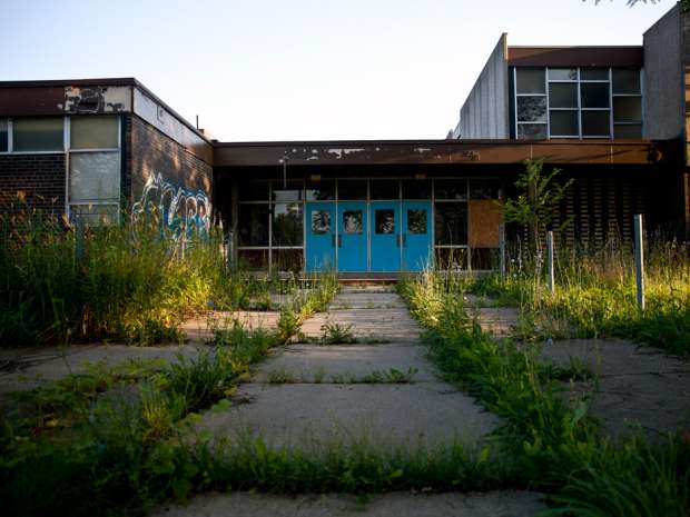 One of the many closed schools in Detroit following the city's bankruptcy. More than half of Detroit's schools were closed at times in January after teachers called in sick in protest of dilapidated conditions.