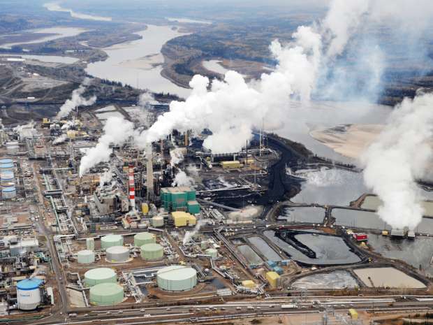 Aerial view of the Suncor oil sands extraction facility near the town of Fort McMurray in Alberta.