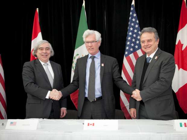 Jim Carr, Canada's Minister of Natural Resources, Pedro Joaqun Coldwell, Mexico's Secretary of Energy, and Dr. Ernest Moniz, United States Secretary of Energy, attend the North American Energy Ministers meeting on February 12, 2016, in Winnipeg.