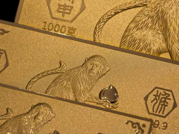 Gold bars featuring illustrations of monkeys in Hong Kong. Gold is back in vogue as investors seek out a safe haven amid growing global volatility.