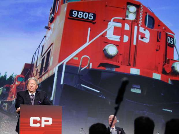 Canadian Pacific Rail CEO Hunter Harrison addresses the company's annual meeting.