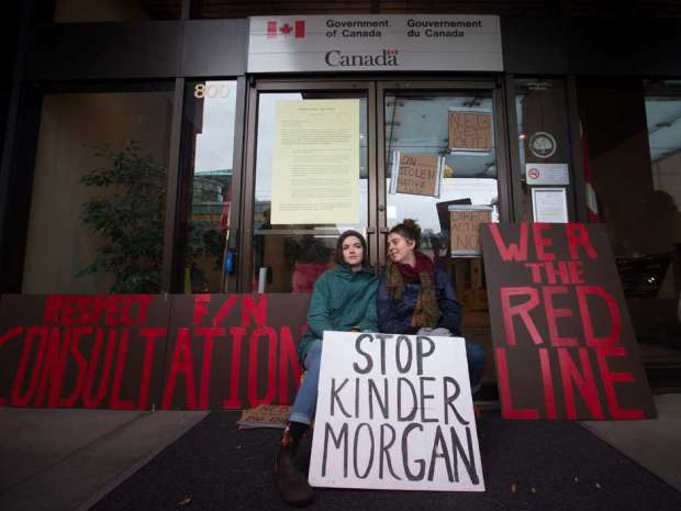 Two women sit outside the offices of the National Energy Board to protest Kinder Morgan's Trans Mountain pipeline expansion, in Vancouver, B.C., on Monday January 18, 2016.