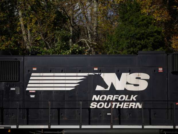 A Norfolk Southern Corp. freight train sits parked during a crew change in Burnside, Kentucky, U.S.